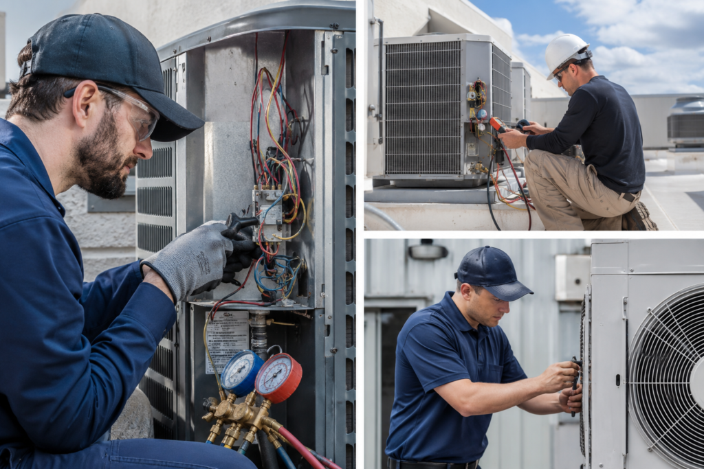 HVAC technicians working on a variety of HVAC equipment.
