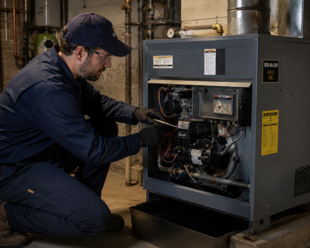 HVAC Technician working on a Oil fired boiler system