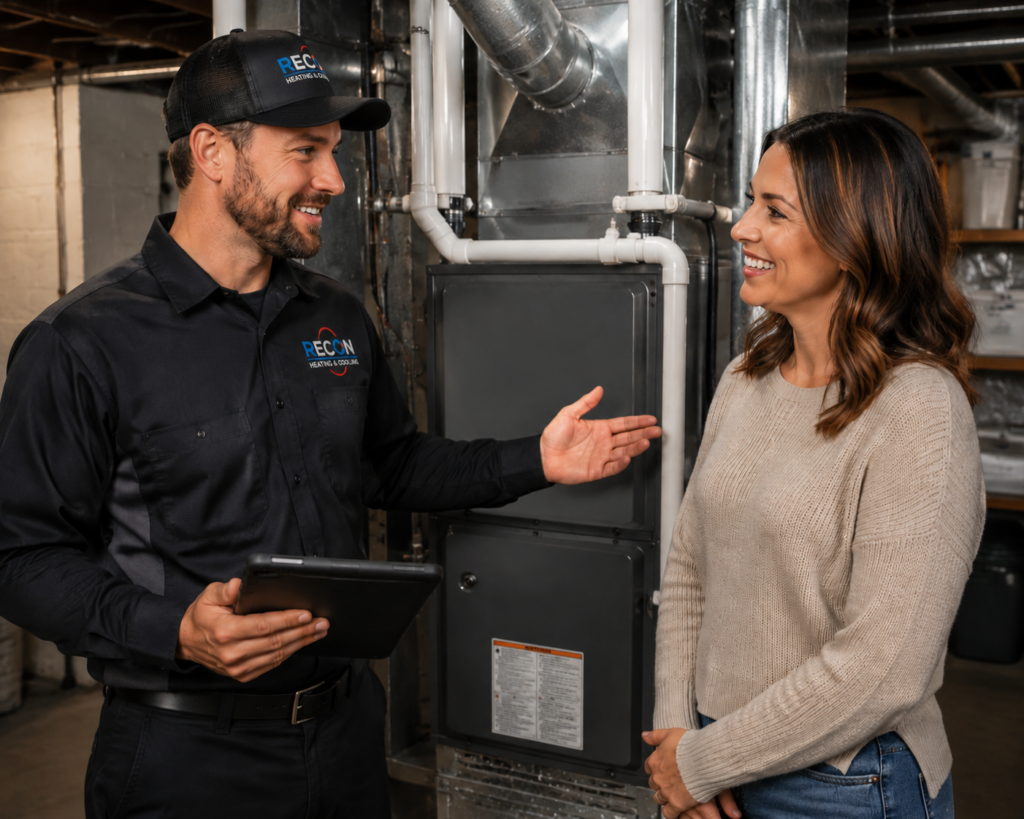 HVAC Technician talking with an homeowner. The HVAC system behind to two people